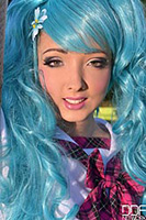 blue haired cosplay girl